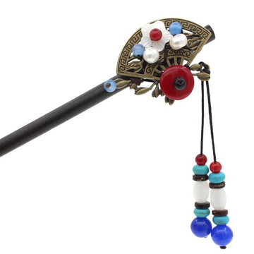 Wood Stick with Metal Fan Mother-of-Pearl Flower and Beaded Tassels